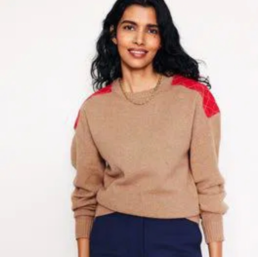Boden Quilted Patch Jumper Wool Sweater Size M Camel Melange Brown Tan